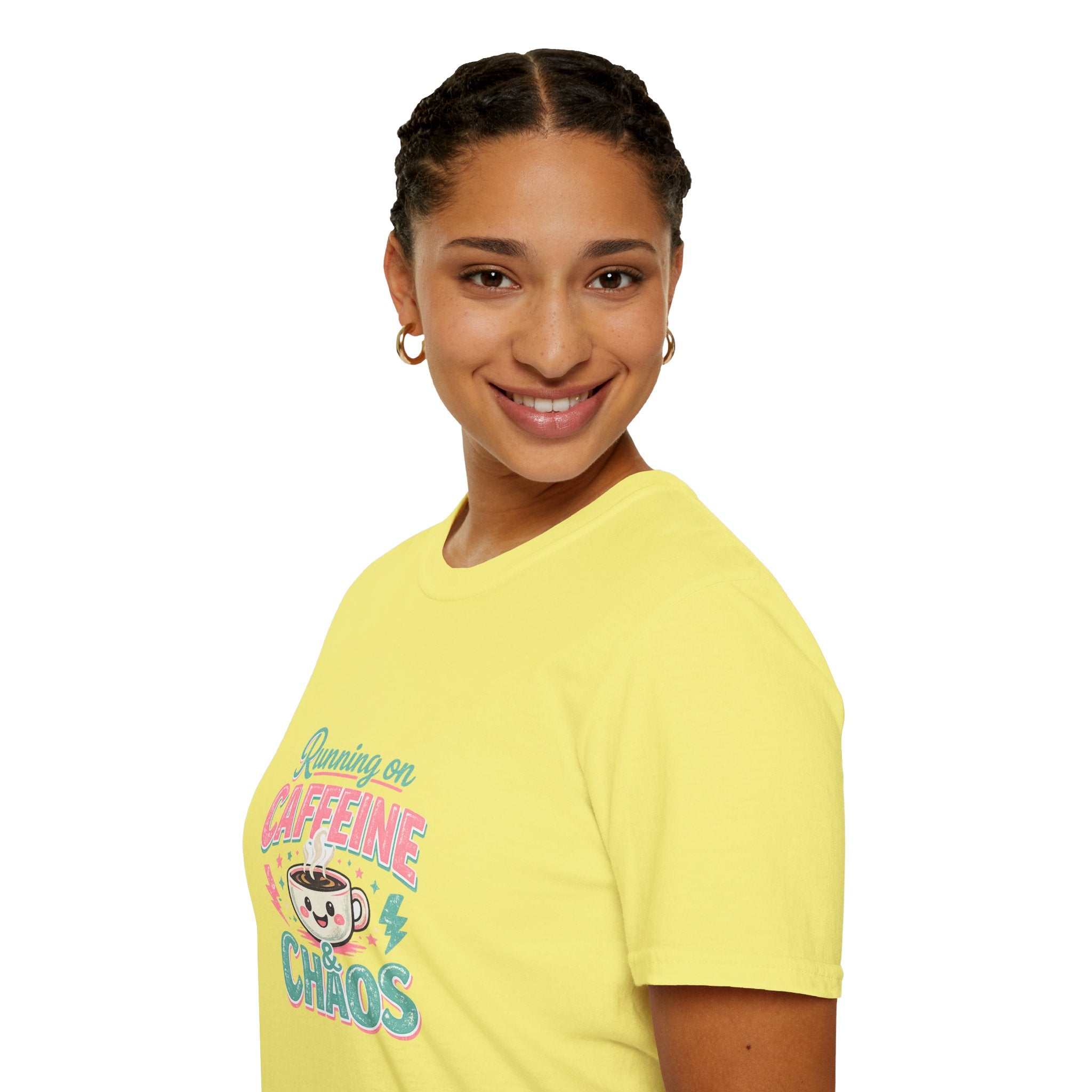 Running on Caffeine & Chaos T-Shirt — Funny Gift for Coffee Loving Moms Graphic Tee