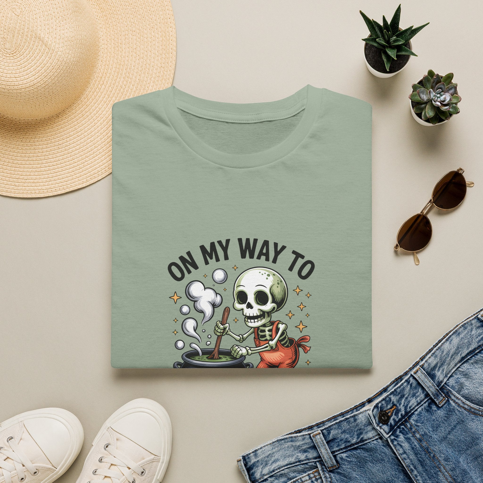 On My Way to Stir the Pot Skeleton T-Shirt — Funny Halloween Gift for Women