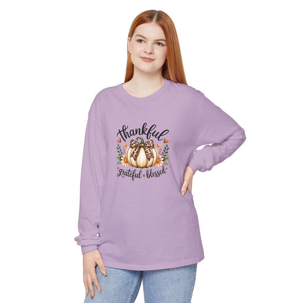 Thankful Grateful Blessed Pumpkin Long Sleeve — Cute Fall Thanksgiving Gift for Women