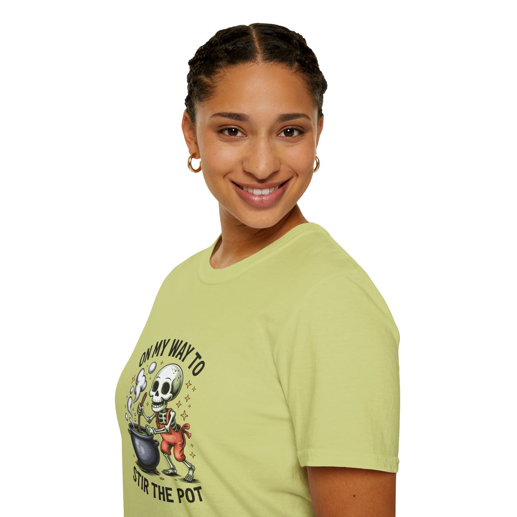On My Way to Stir the Pot Skeleton T-Shirt — Funny Halloween Gift for Women