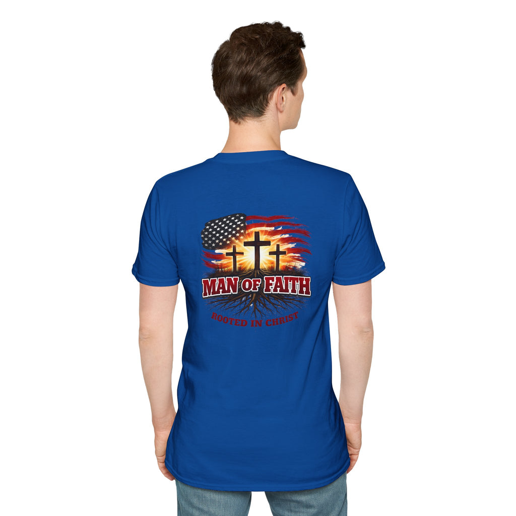 Man of Faith Rooted in Christ T-Shirt — Christian Gift for Him Flag & Cross Back Print Graphic Tee