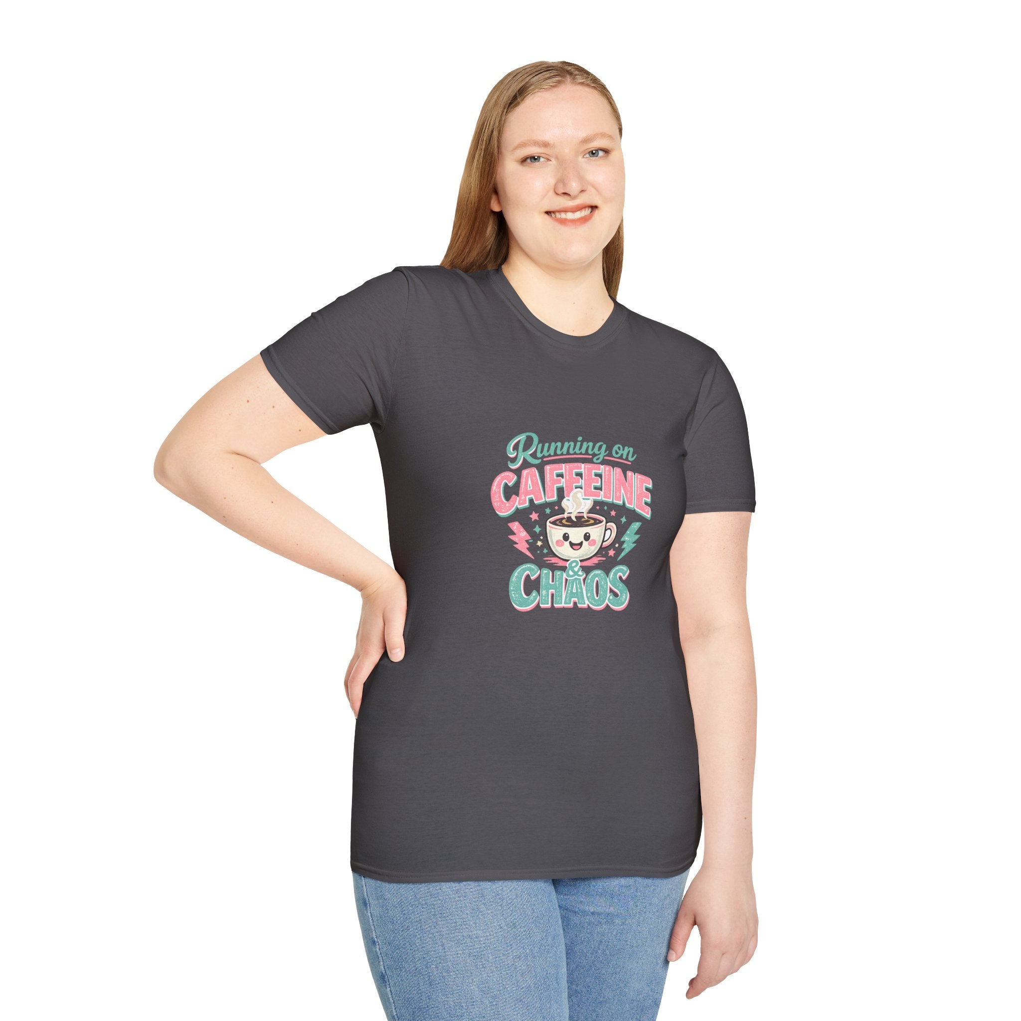 Running on Caffeine & Chaos T-Shirt — Funny Gift for Coffee Loving Moms Graphic Tee