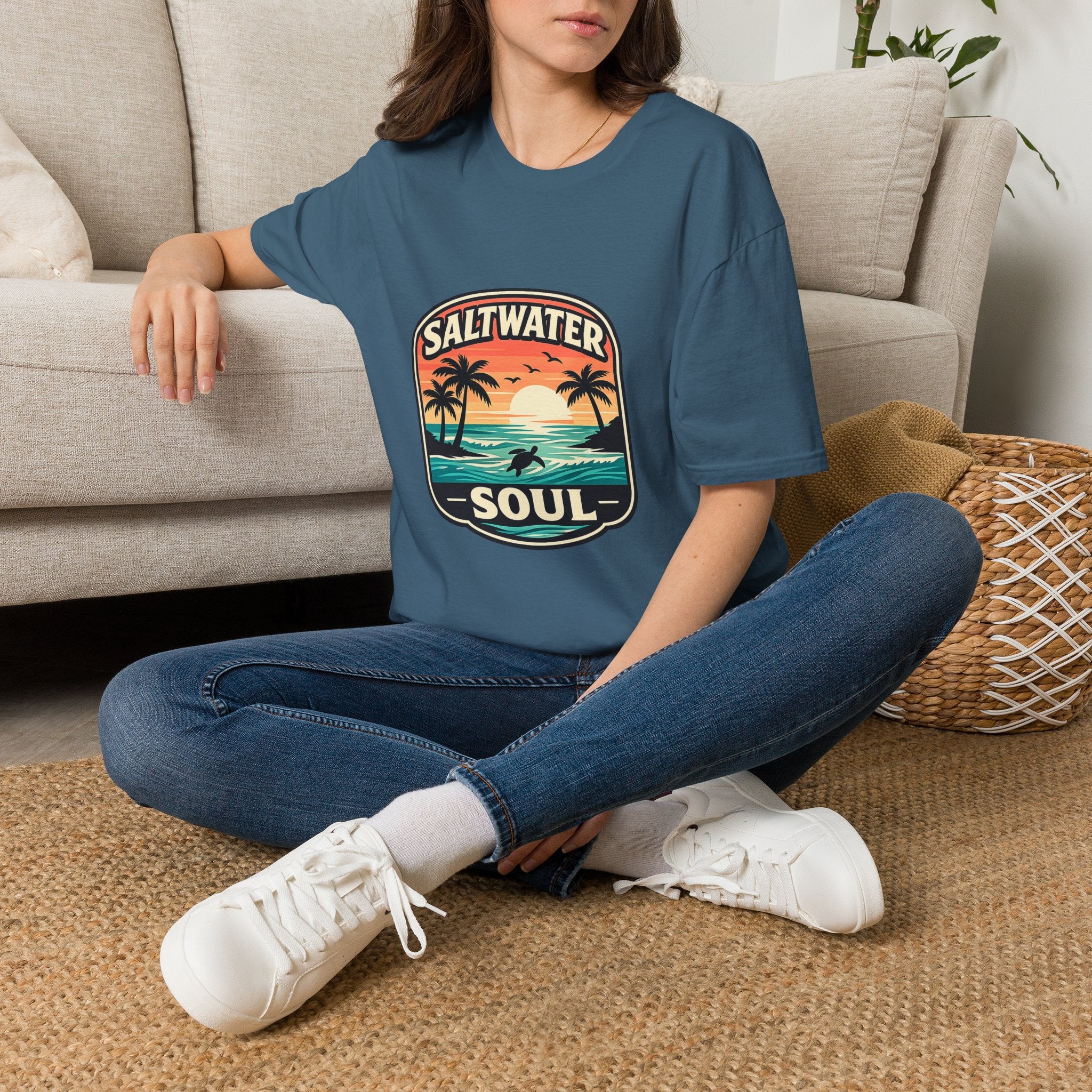 Saltwater Soul Retro Beach T-Shirt — Cute Coastal Gift for Women Sunset Palm Tee