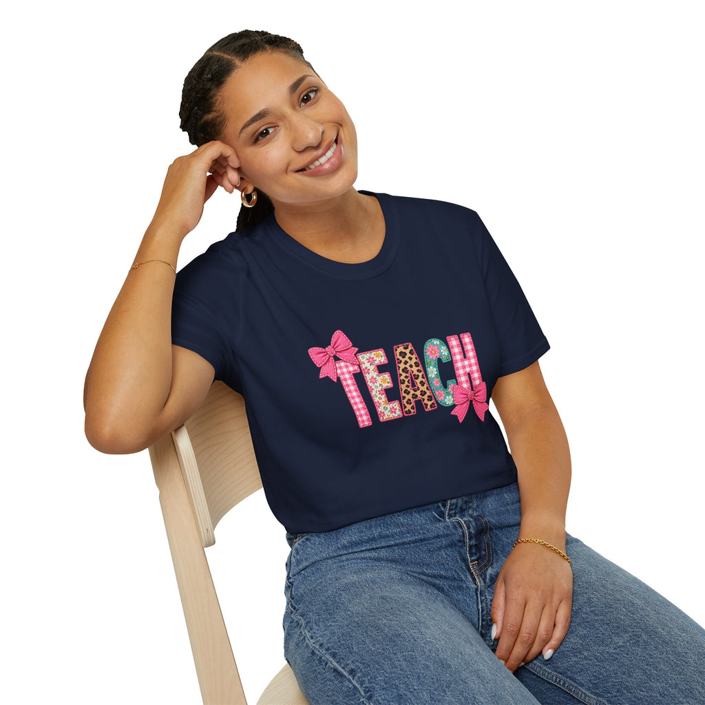 Floral Leopard TEACH T-Shirt — Cute Back-to-School Gift for Teachers Pink Bow Tee