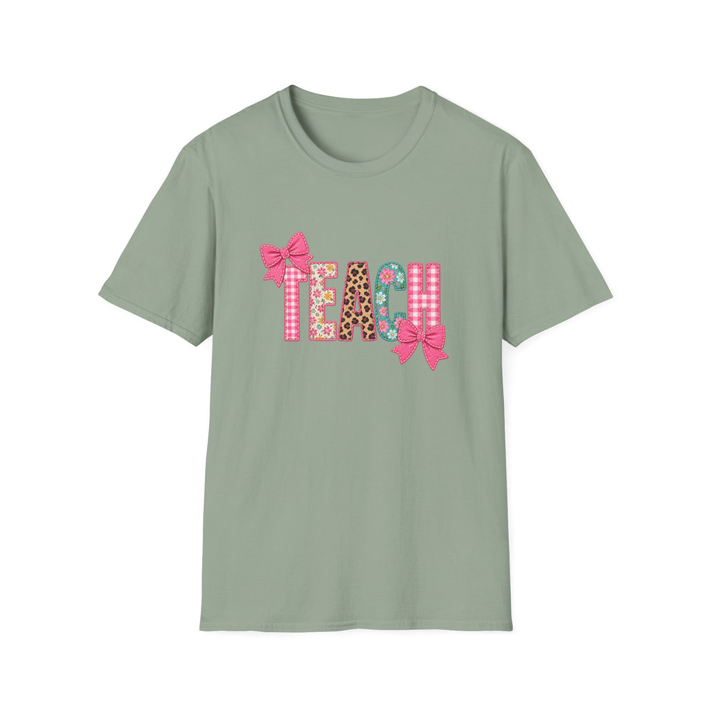 Floral Leopard TEACH T-Shirt — Cute Back-to-School Gift for Teachers Pink Bow Tee