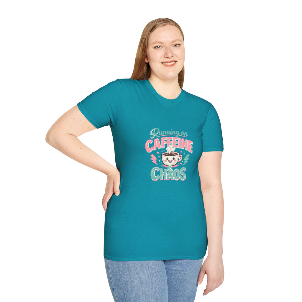 Running on Caffeine & Chaos T-Shirt — Funny Gift for Coffee Loving Moms Graphic Tee
