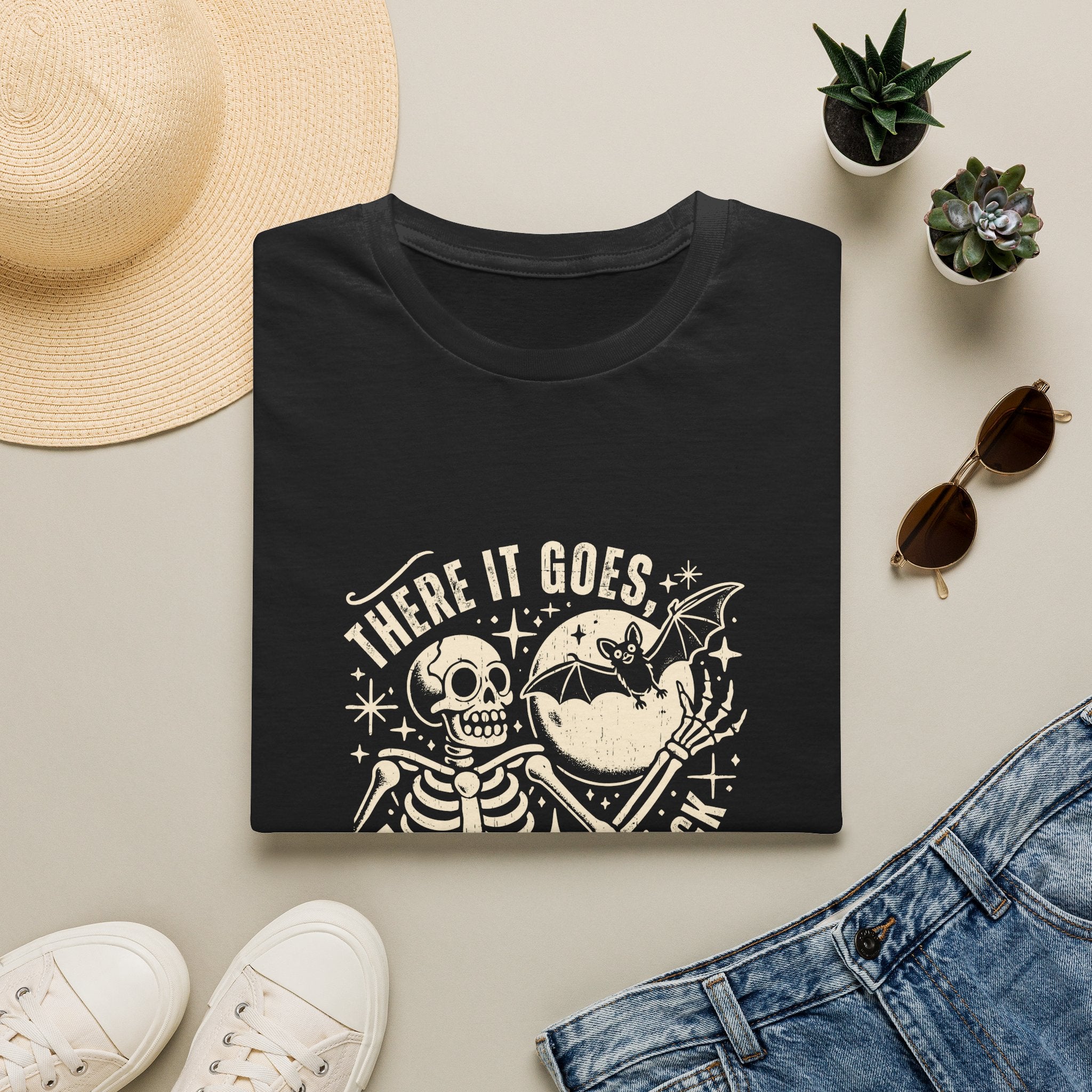 There It Goes Skull Moon & Bat T-Shirt — Cute Halloween Gift for Women Graphic Tee