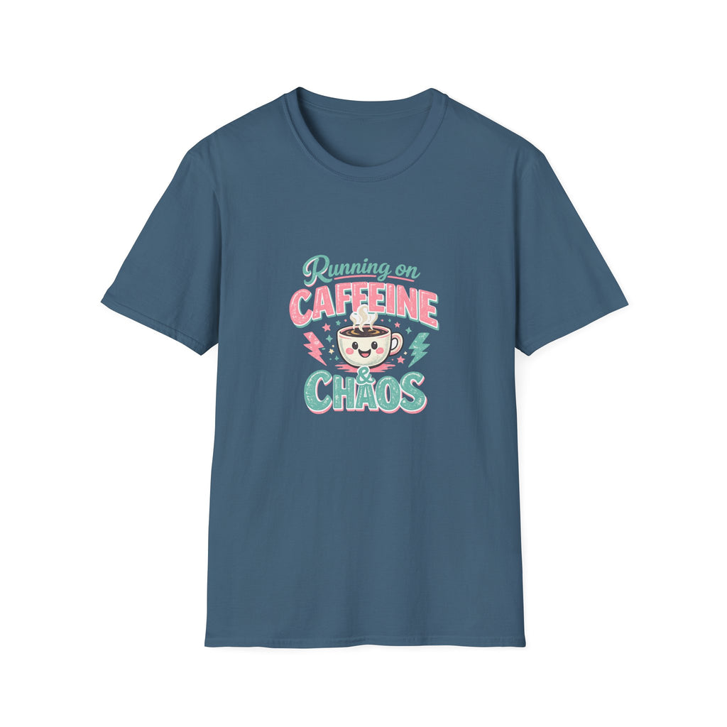 Running on Caffeine & Chaos T-Shirt — Funny Gift for Coffee Loving Moms Graphic Tee