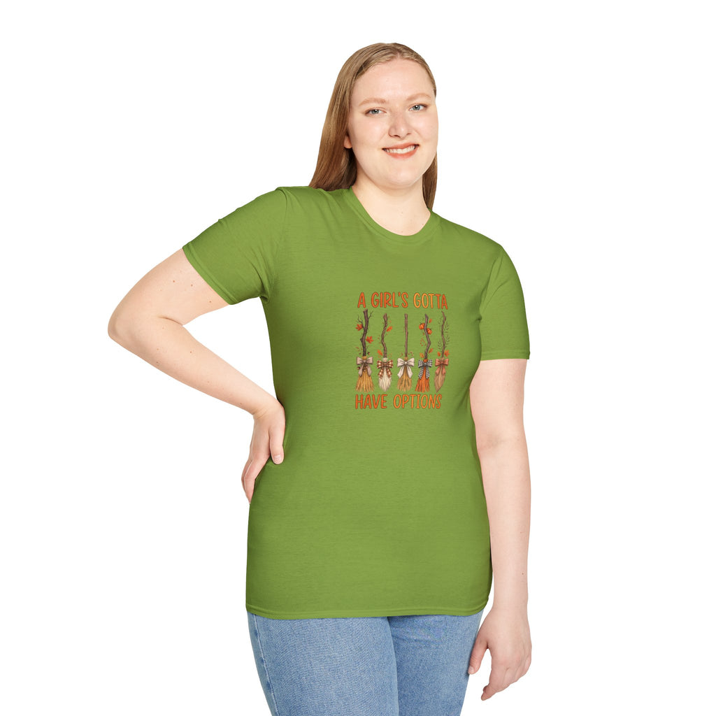 A Girl's Gotta Have Options Witch Brooms T-Shirt — Funny Halloween Gift for Women