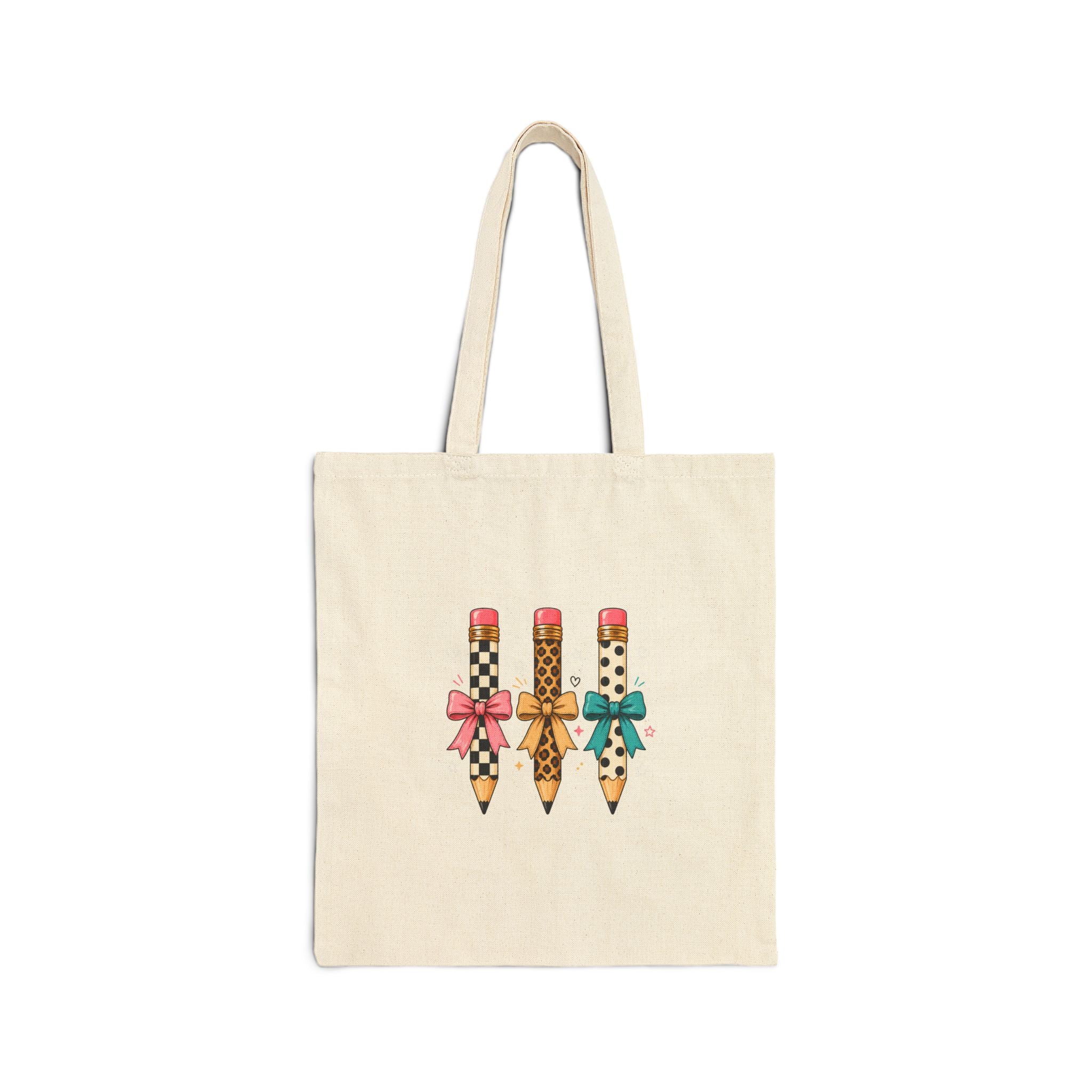 Canvas Tote Bag — Cute Decorative Pencils with Bows | School Teacher Gift