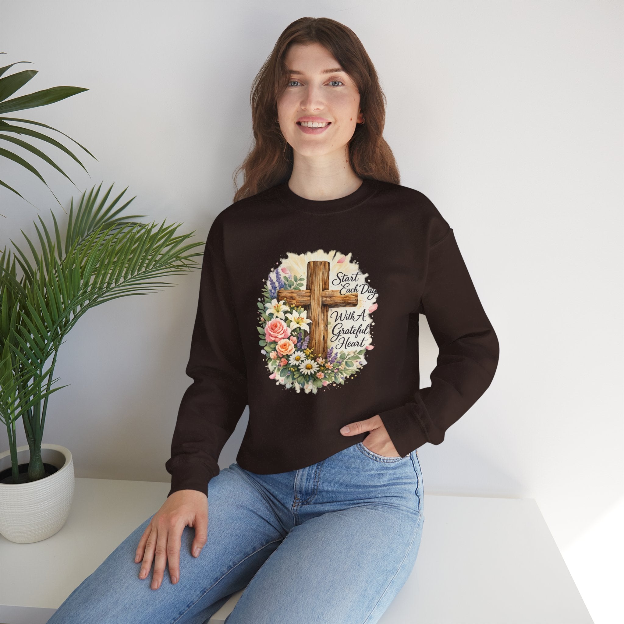Christian Crewneck Sweatshirt — "Start Each Day with a Grateful Heart" Floral Cross