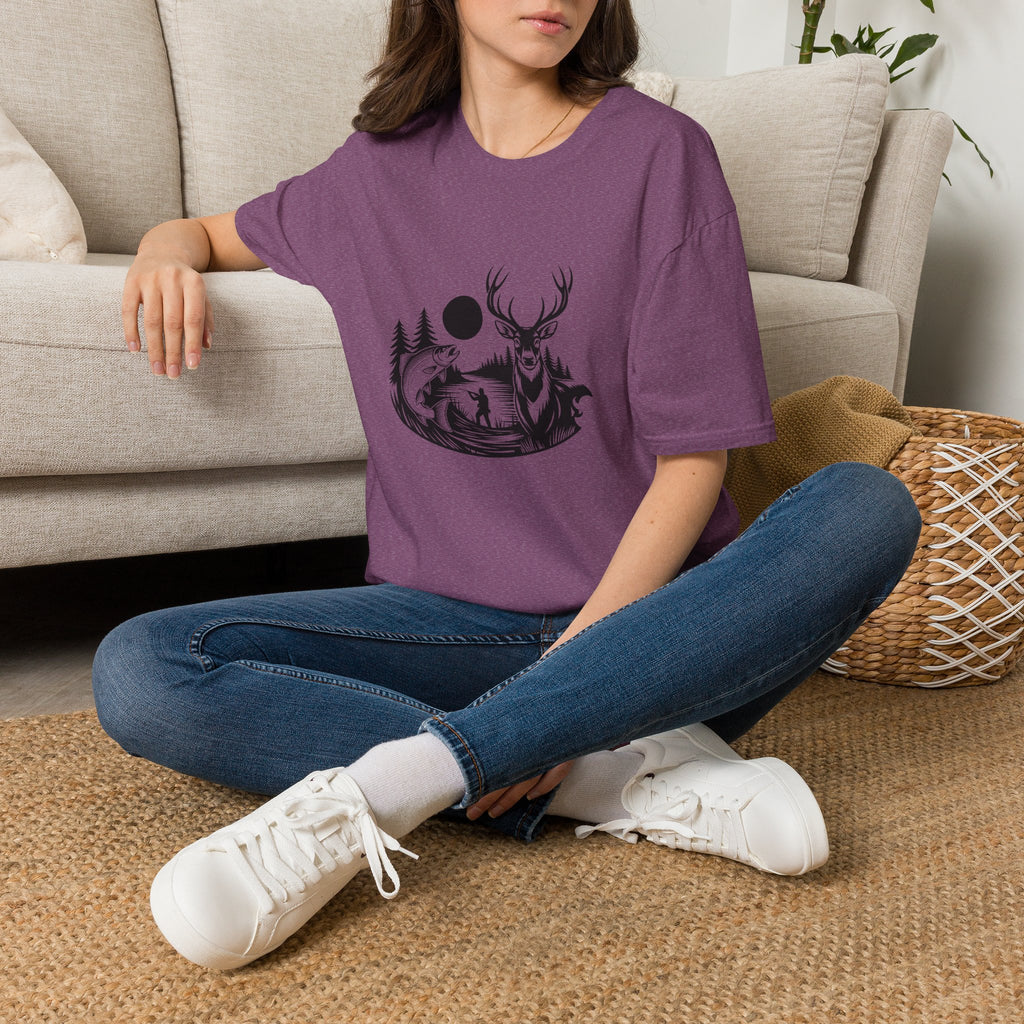 Deer & Fish Forest Silhouette T-Shirt — Rustic Outdoor Gift for Hunters Graphic Tee