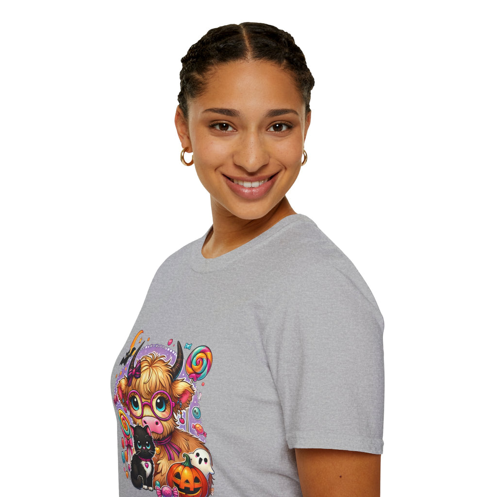 Cute Halloween Cow T-Shirt — Funny Gift for Her Candy Pumpkins & Kitty Costume Tee