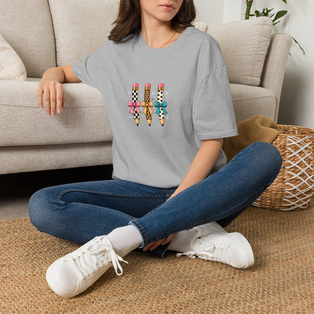 Pencil Trio Graphic T-Shirt — Cute Patterned Pencils with Bows