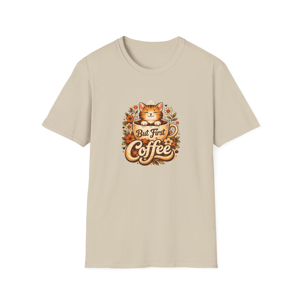 But First Coffee Cat T-Shirt — Cute Floral Gift for Coffee Lovers Women's Tee