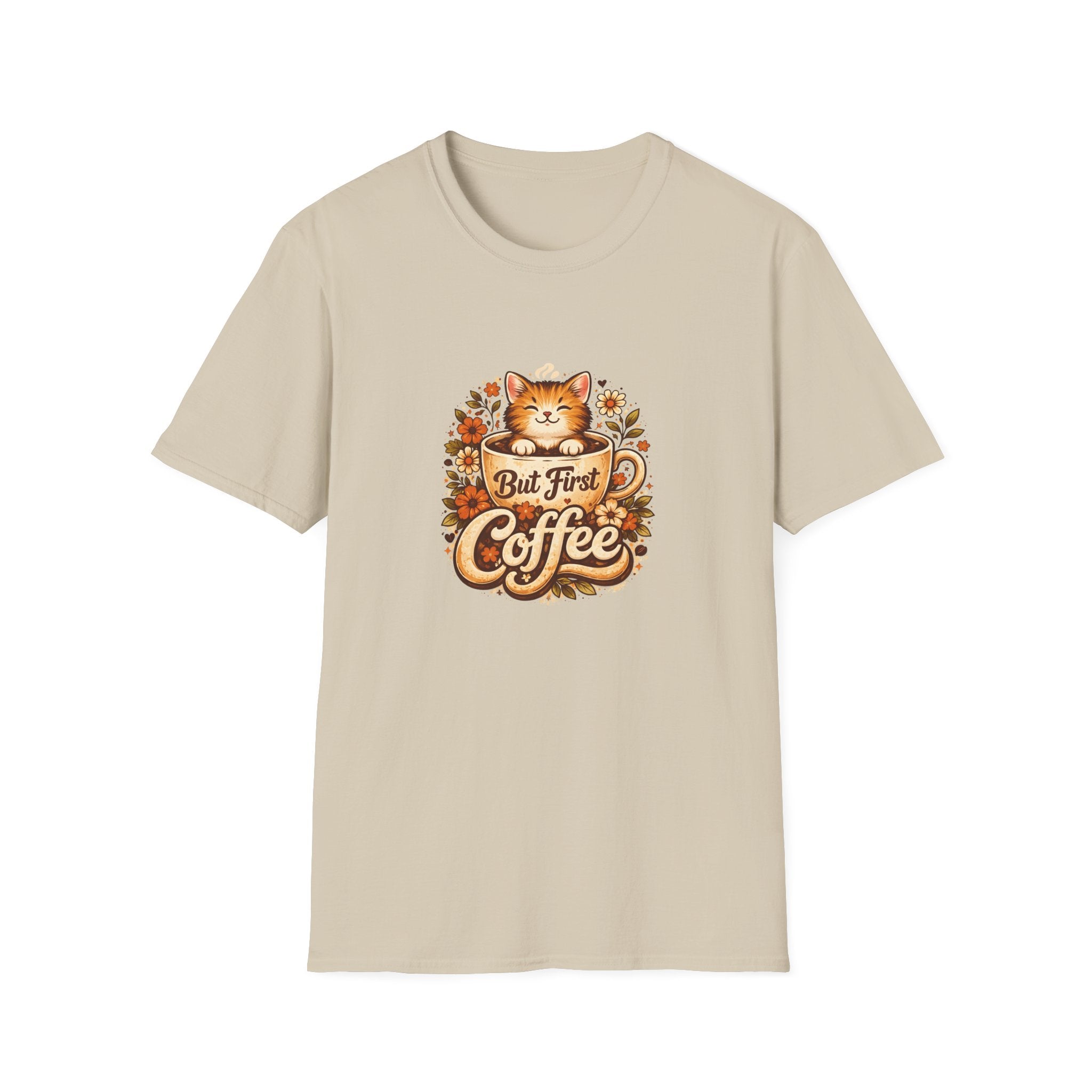 But First Coffee Cat T-Shirt — Cute Floral Gift for Coffee Lovers Women's Tee