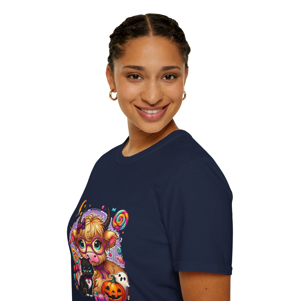 Cute Halloween Cow T-Shirt — Funny Gift for Her Candy Pumpkins & Kitty Costume Tee