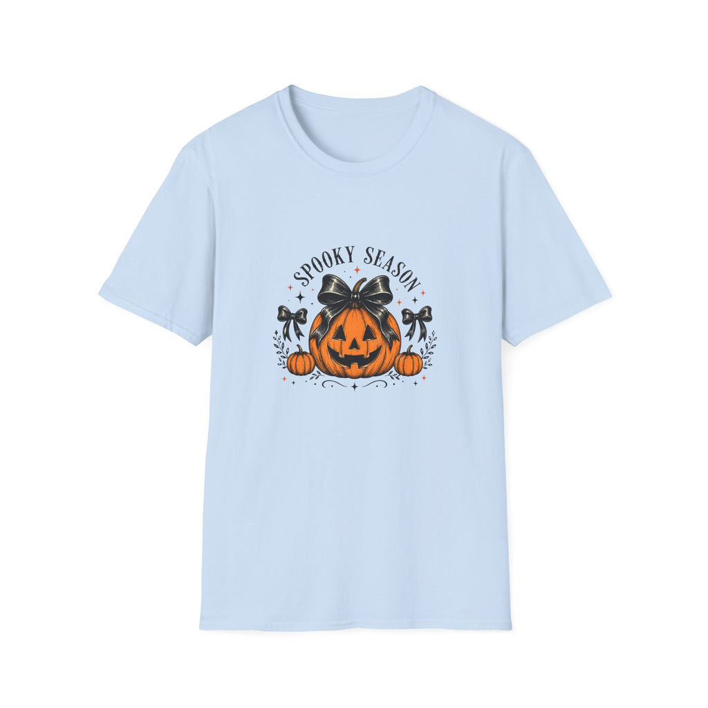 Spooky Season Jack-O'-Lantern Bow T-Shirt — Cute Halloween Gift for Women Graphic Tee