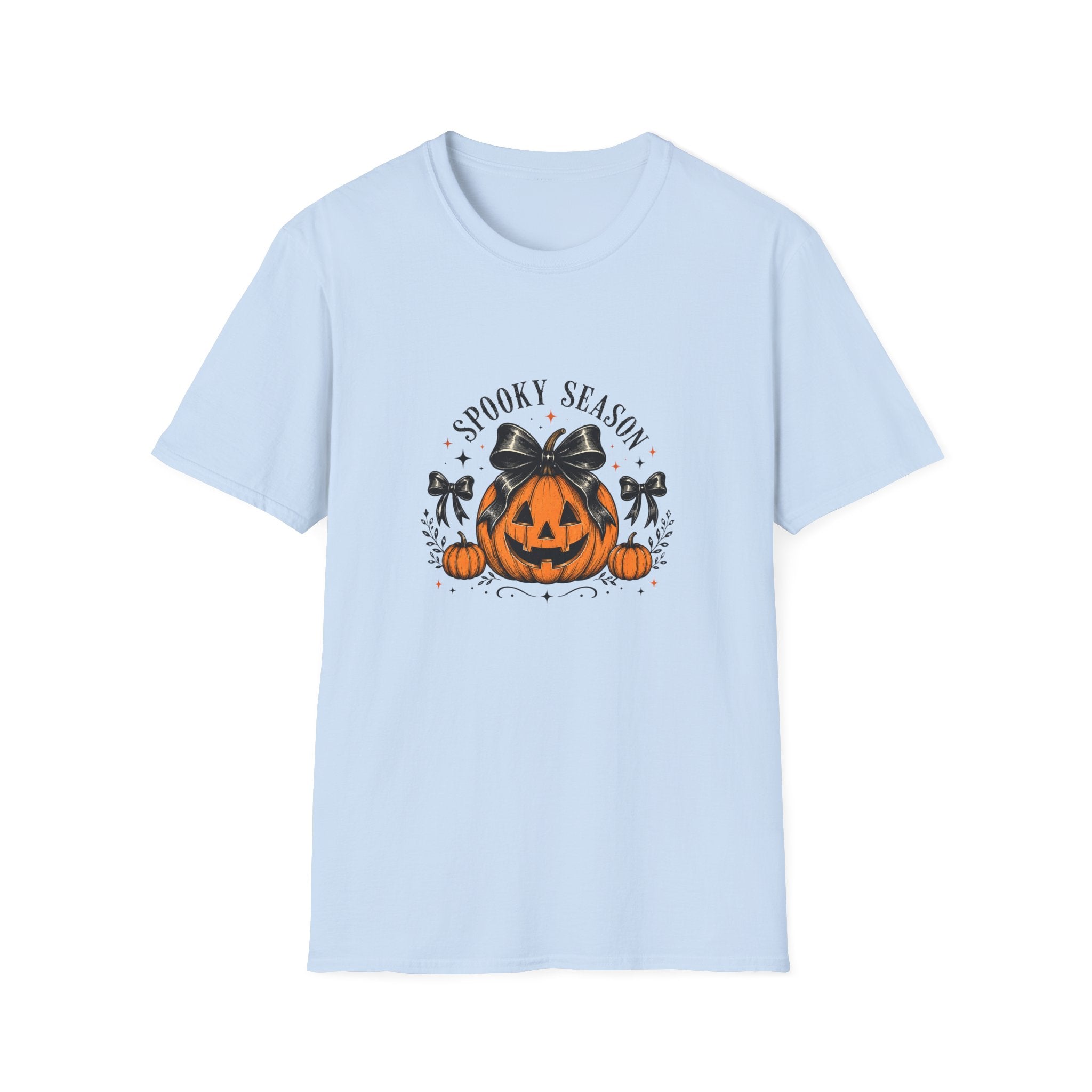 Spooky Season Jack-O'-Lantern Bow T-Shirt — Cute Halloween Gift for Women Graphic Tee