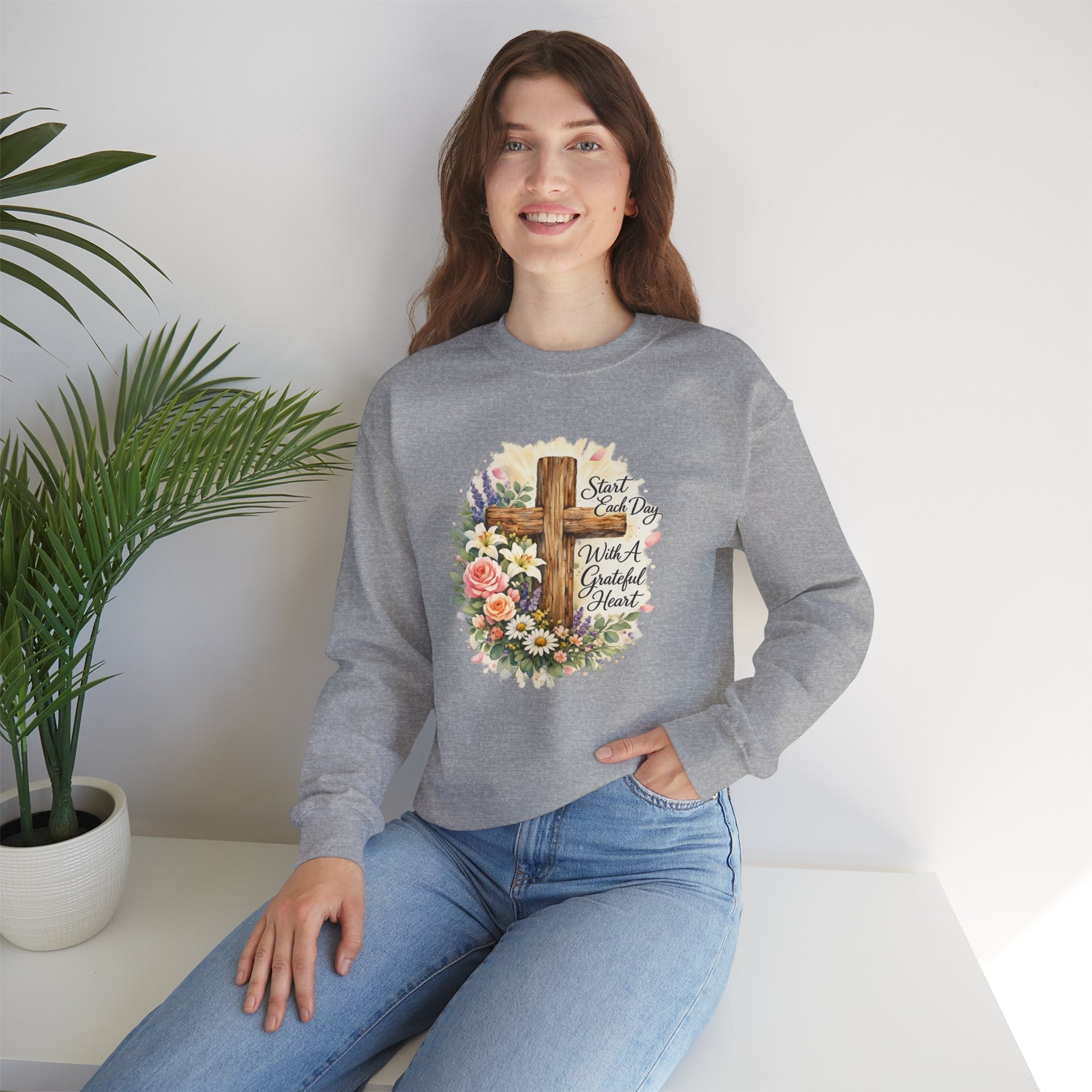 Christian Crewneck Sweatshirt — "Start Each Day with a Grateful Heart" Floral Cross