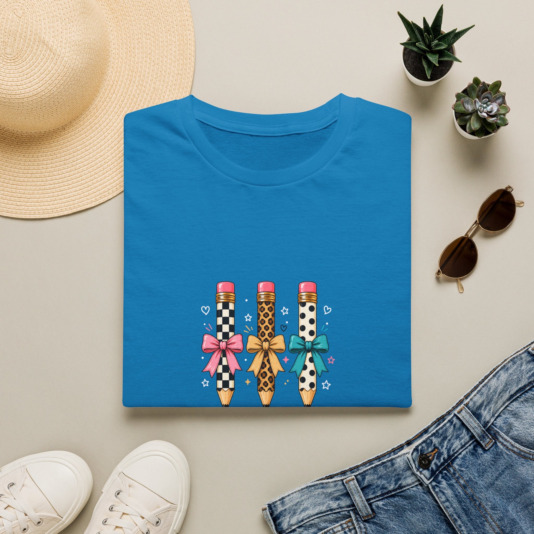 Pencil Trio Graphic T-Shirt — Cute Patterned Pencils with Bows