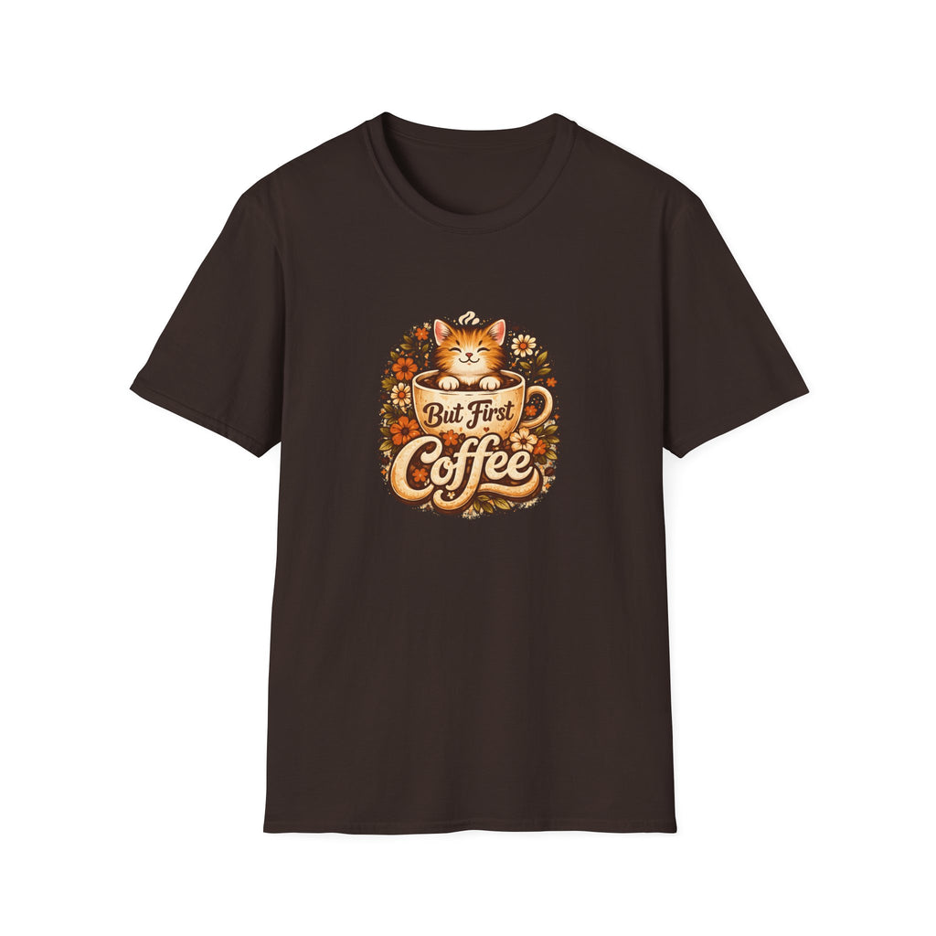 But First Coffee Cat T-Shirt — Cute Floral Gift for Coffee Lovers Women's Tee