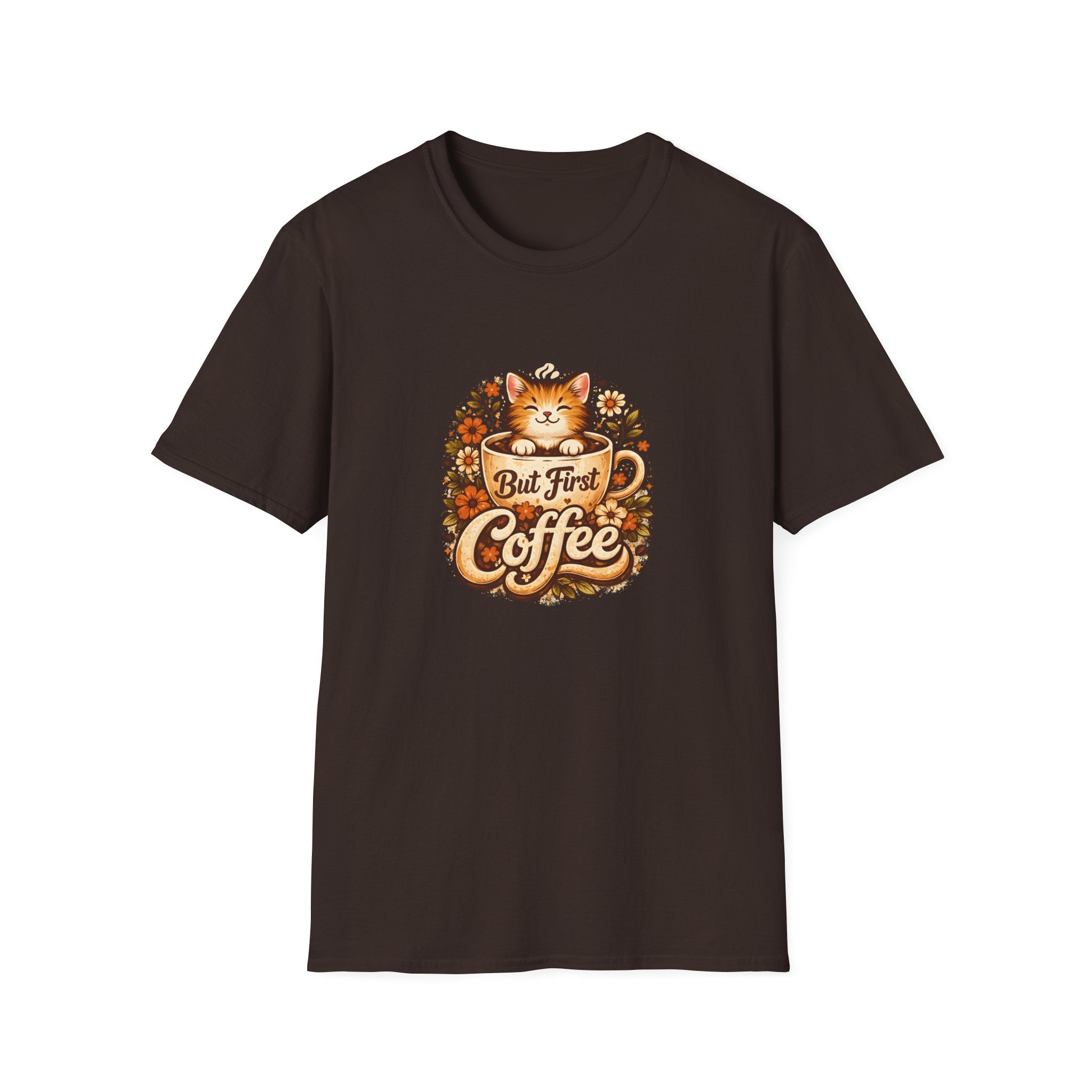 But First Coffee Cat T-Shirt — Cute Floral Gift for Coffee Lovers Women's Tee