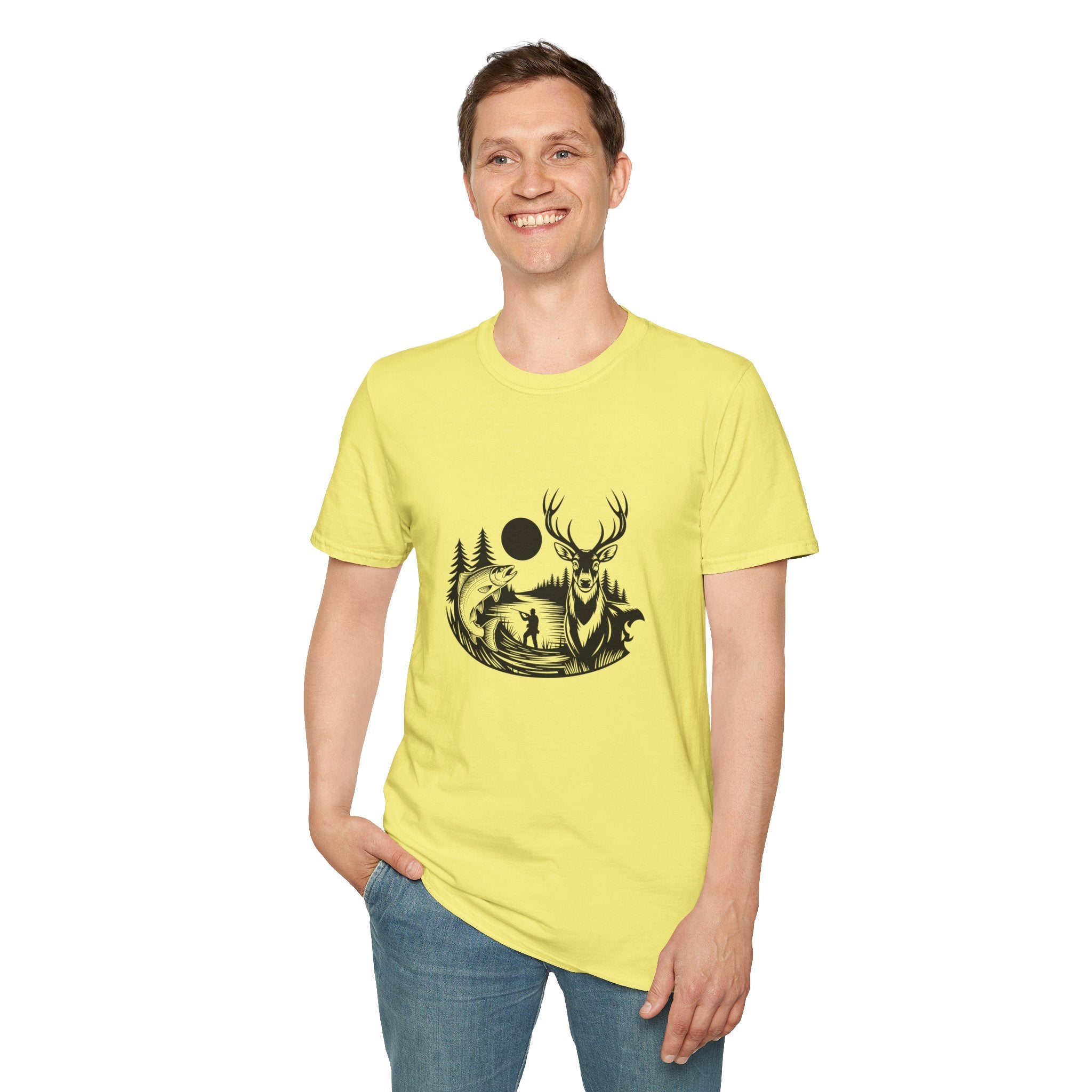 Deer & Fish Forest Silhouette T-Shirt — Rustic Outdoor Gift for Hunters Graphic Tee