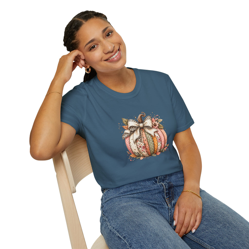 Autumn Floral Pumpkin Leopard Bow T-Shirt — Cute Fall Gift for Women Graphic Tee