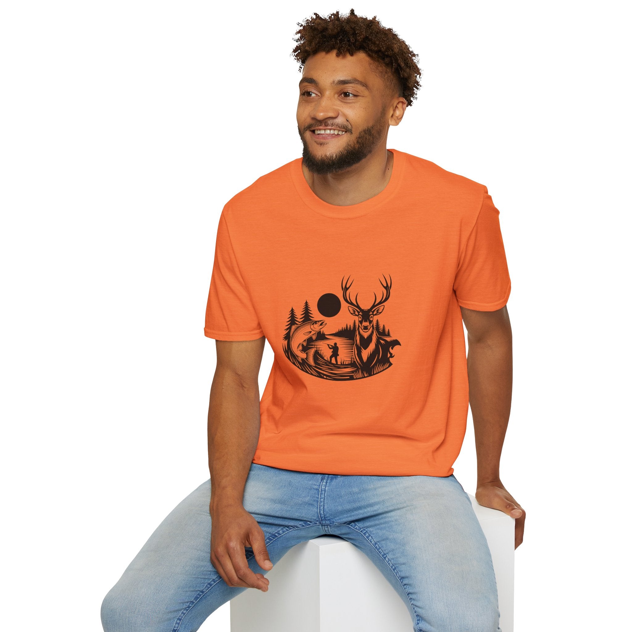Deer & Fish Forest Silhouette T-Shirt — Rustic Outdoor Gift for Hunters Graphic Tee