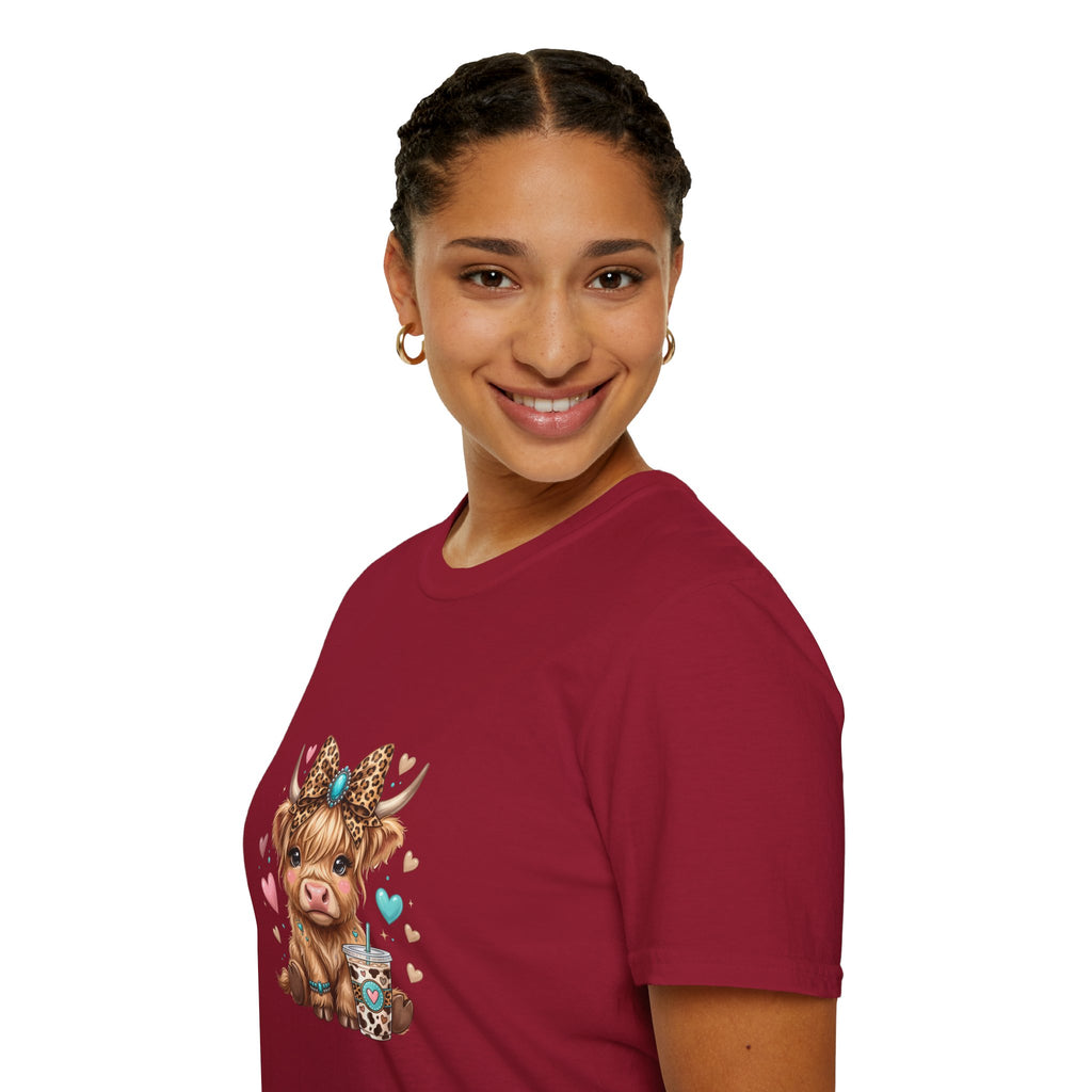 Highland Cow Leopard Bow T-Shirt — Cute Funny Gift for Her Hearts Graphic Tee
