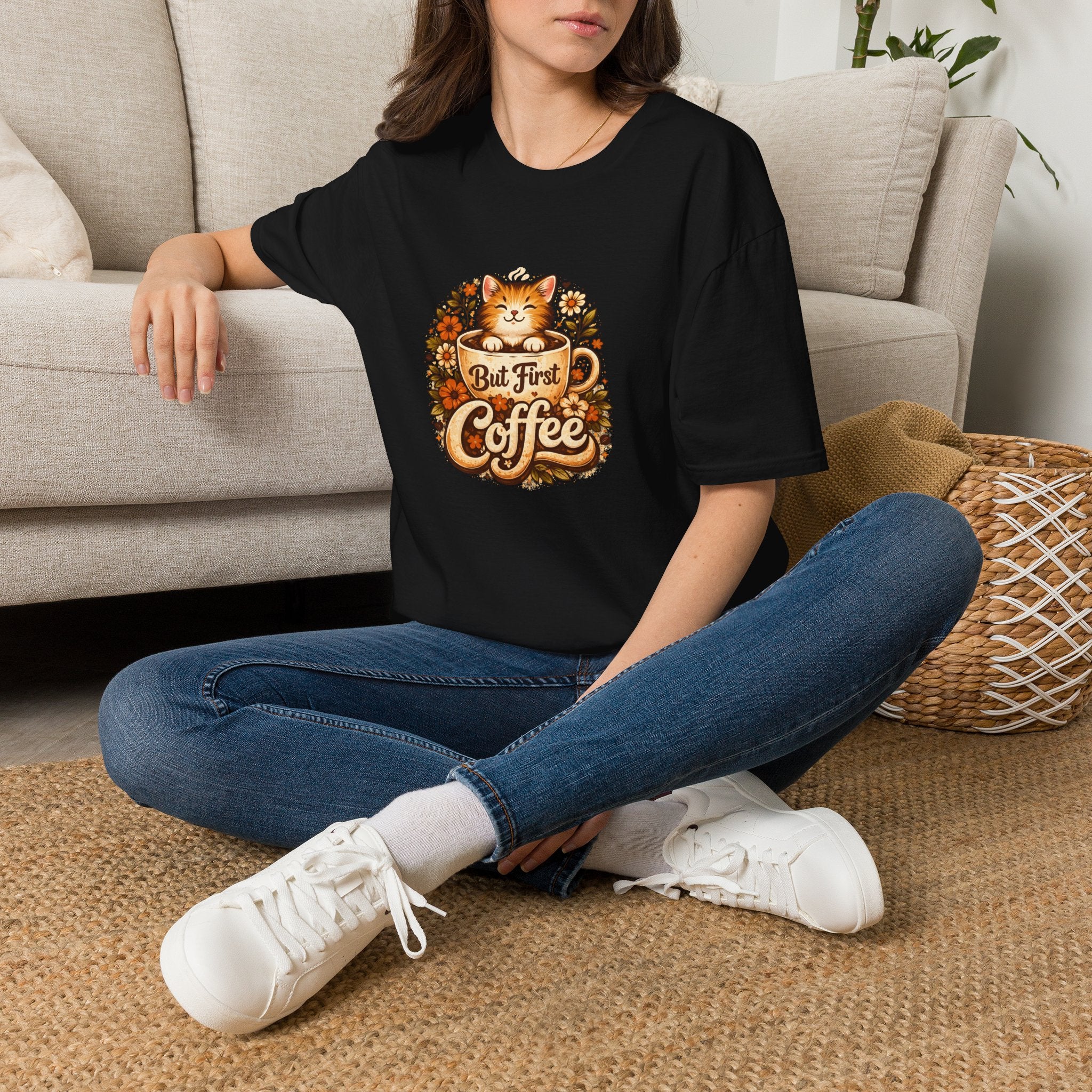 But First Coffee Cat T-Shirt — Cute Floral Gift for Coffee Lovers Women's Tee