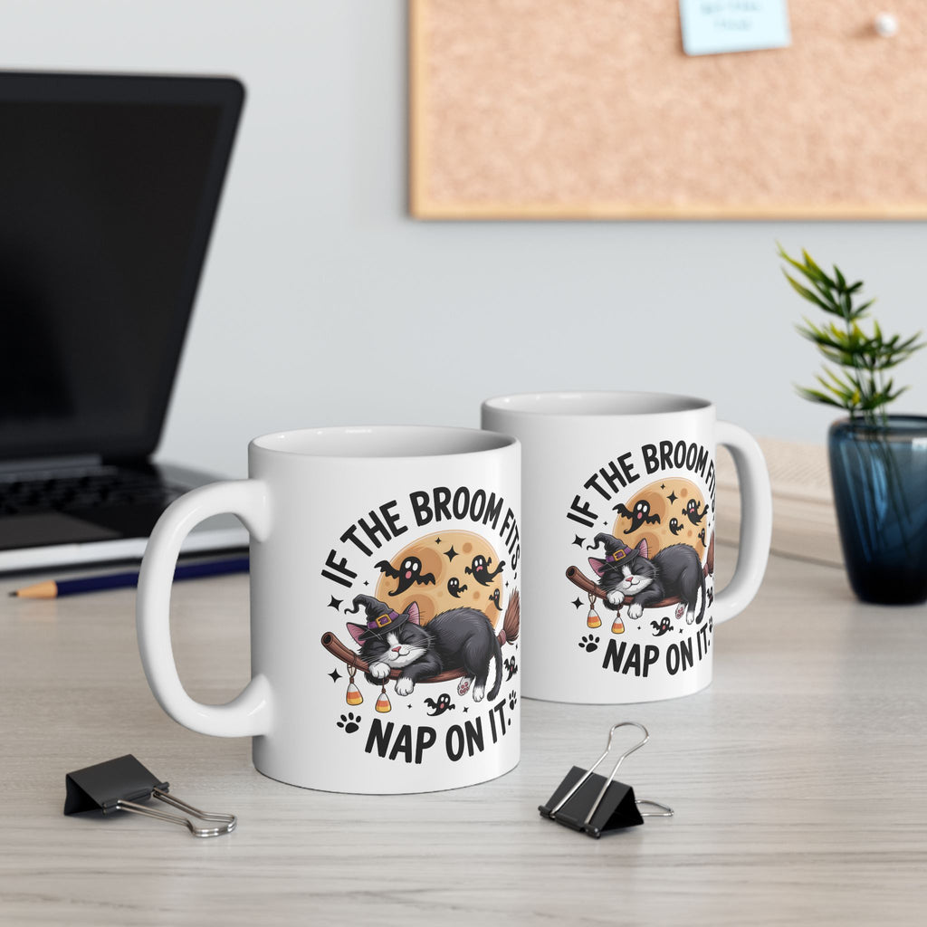 If the Broom Fits Nap on It Halloween Cat Mug — Funny Witchy Gift Coffee Cup 11oz 15oz