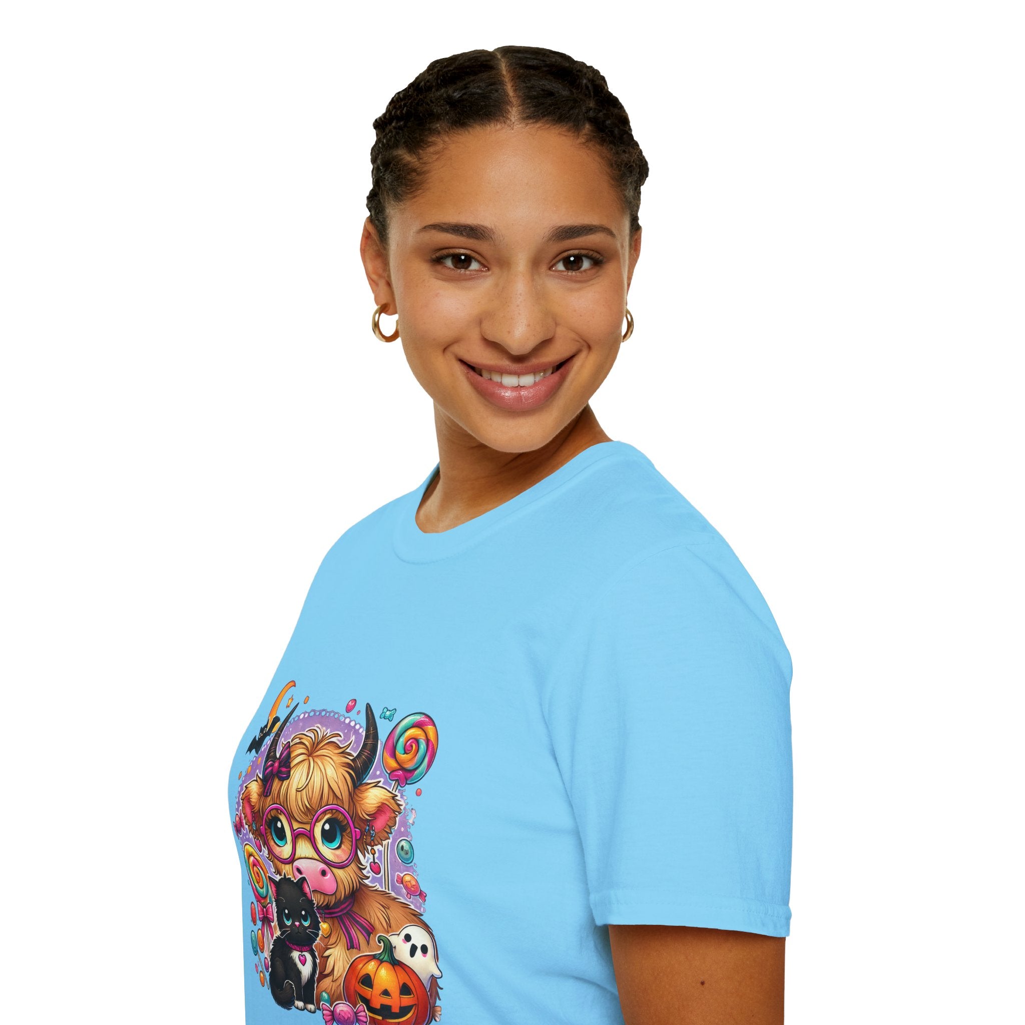 Cute Halloween Cow T-Shirt — Funny Gift for Her Candy Pumpkins & Kitty Costume Tee