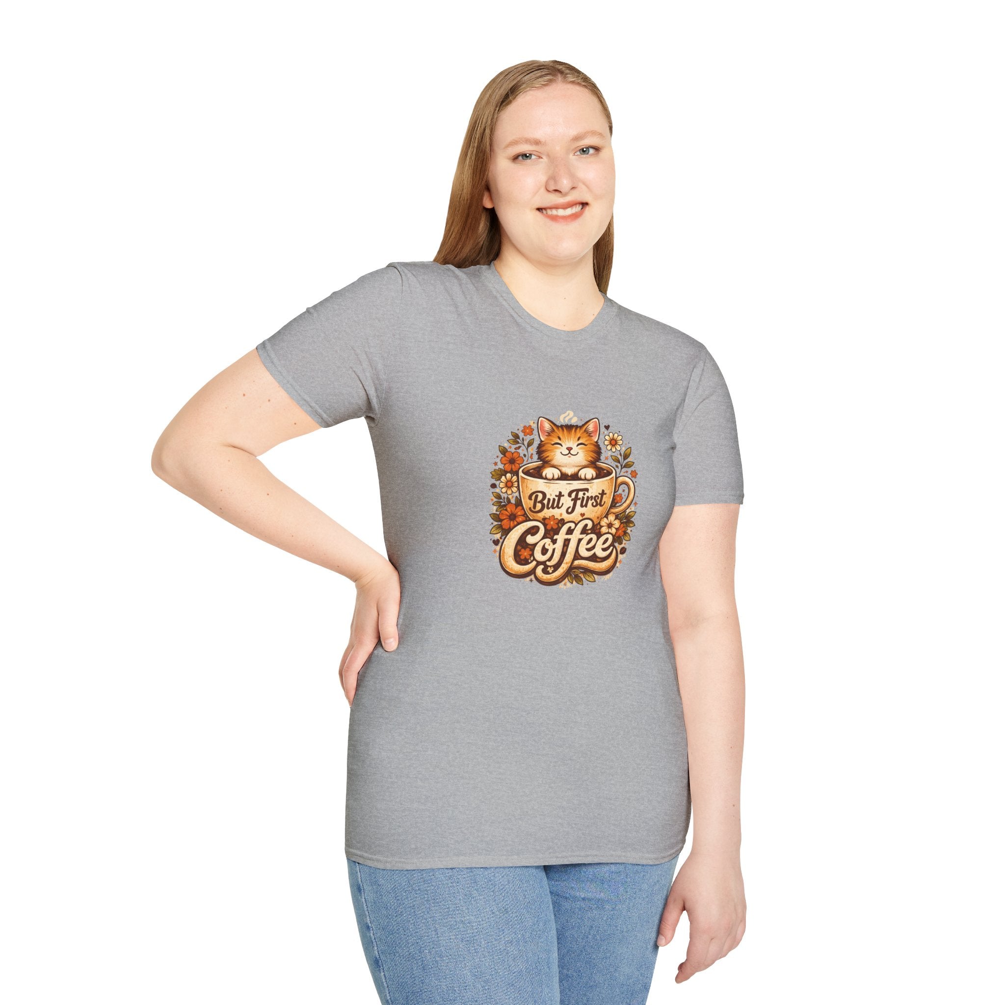But First Coffee Cat T-Shirt — Cute Floral Gift for Coffee Lovers Women's Tee
