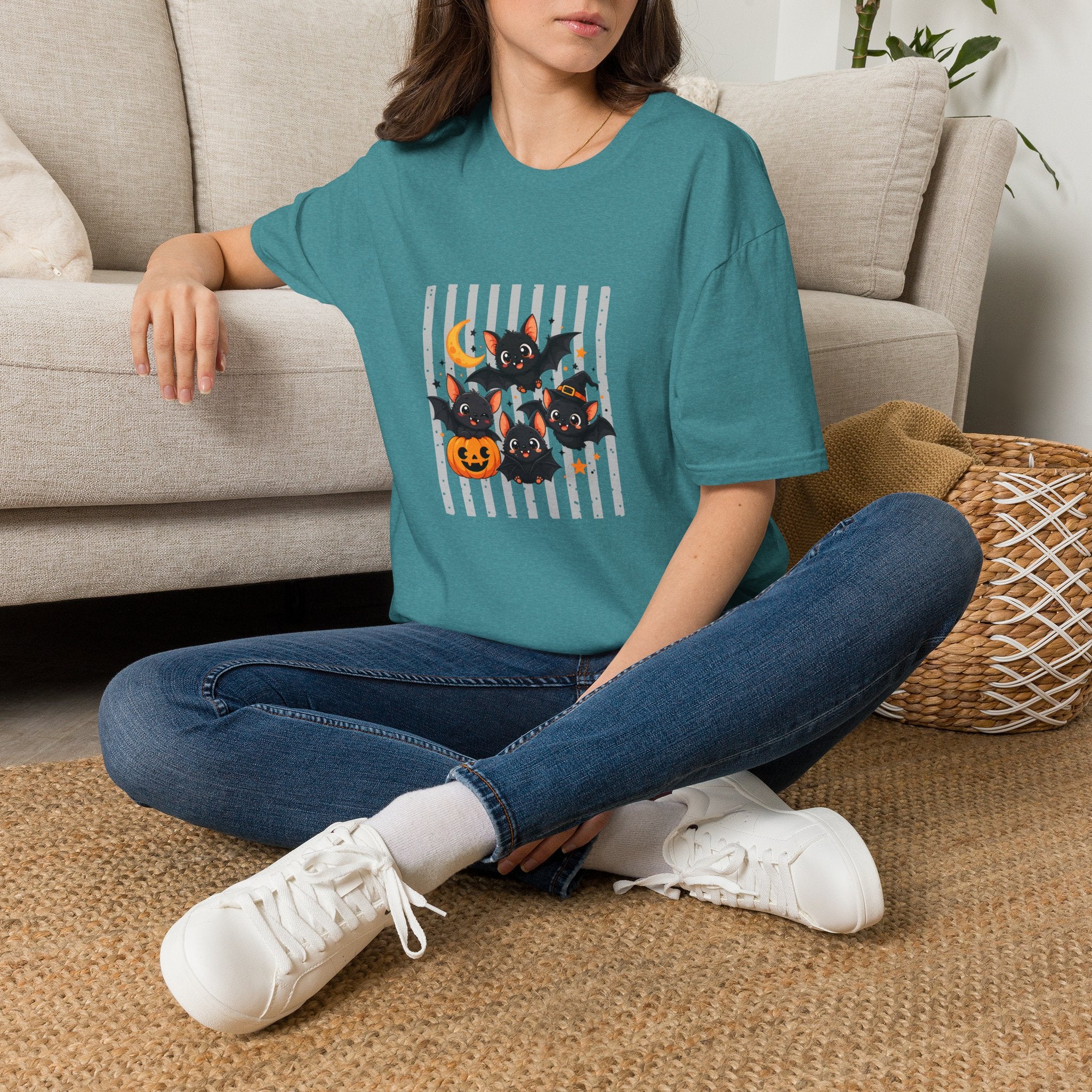 Halloween Bats Pumpkin Moon T-Shirt — Cute Spooky Gift for Women Graphic Tee