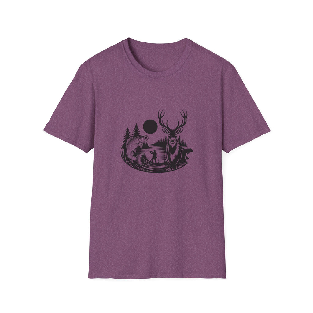Deer & Fish Forest Silhouette T-Shirt — Rustic Outdoor Gift for Hunters Graphic Tee