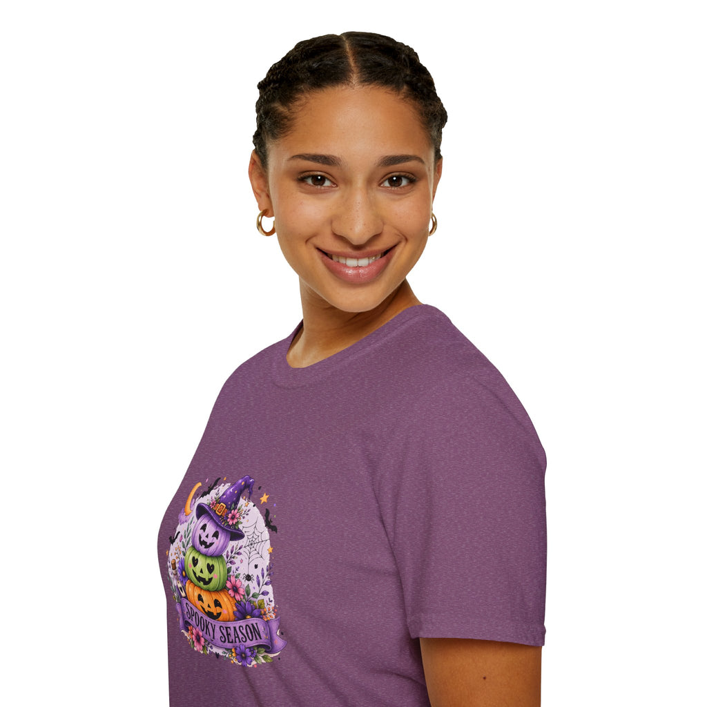 Spooky Season Pumpkin Stack T-Shirt — Cute Halloween Gift for Women Witch Hat Tee