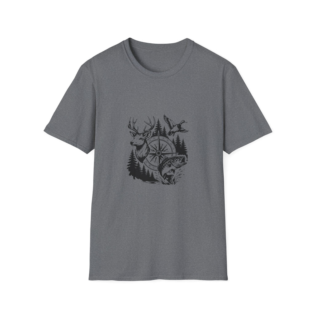 Outdoor Wildlife Compass T-Shirt — Deer Duck & Fish Nature Gift for Hunters