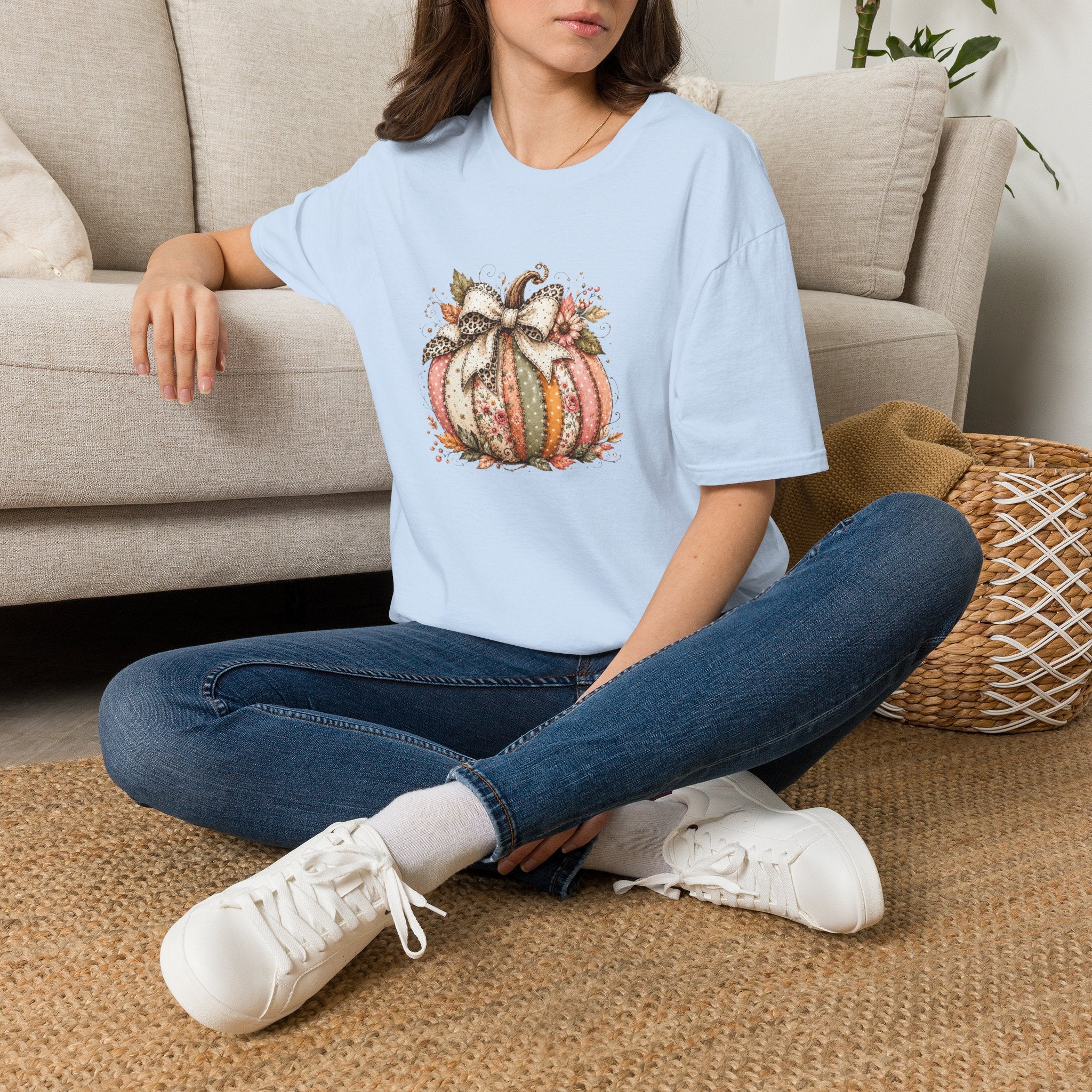 Autumn Floral Pumpkin Leopard Bow T-Shirt — Cute Fall Gift for Women Graphic Tee