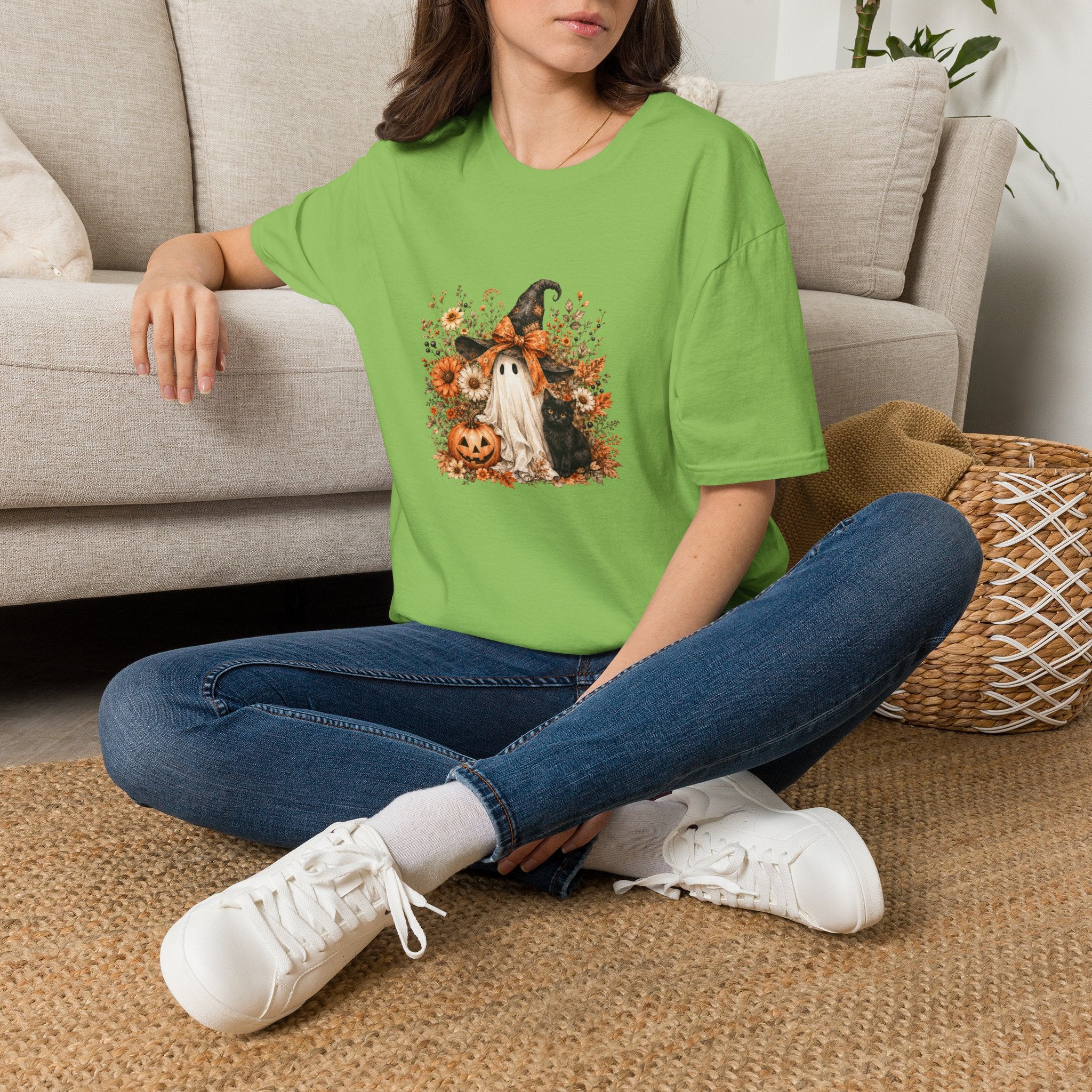Halloween Witch Ghost & Cat T-Shirt — Cute Spooky Gift for Women Fall Floral Tee