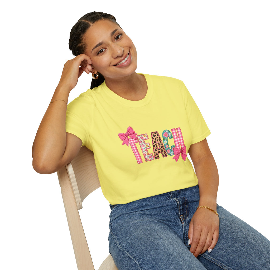 Floral Leopard TEACH T-Shirt — Cute Back-to-School Gift for Teachers Pink Bow Tee