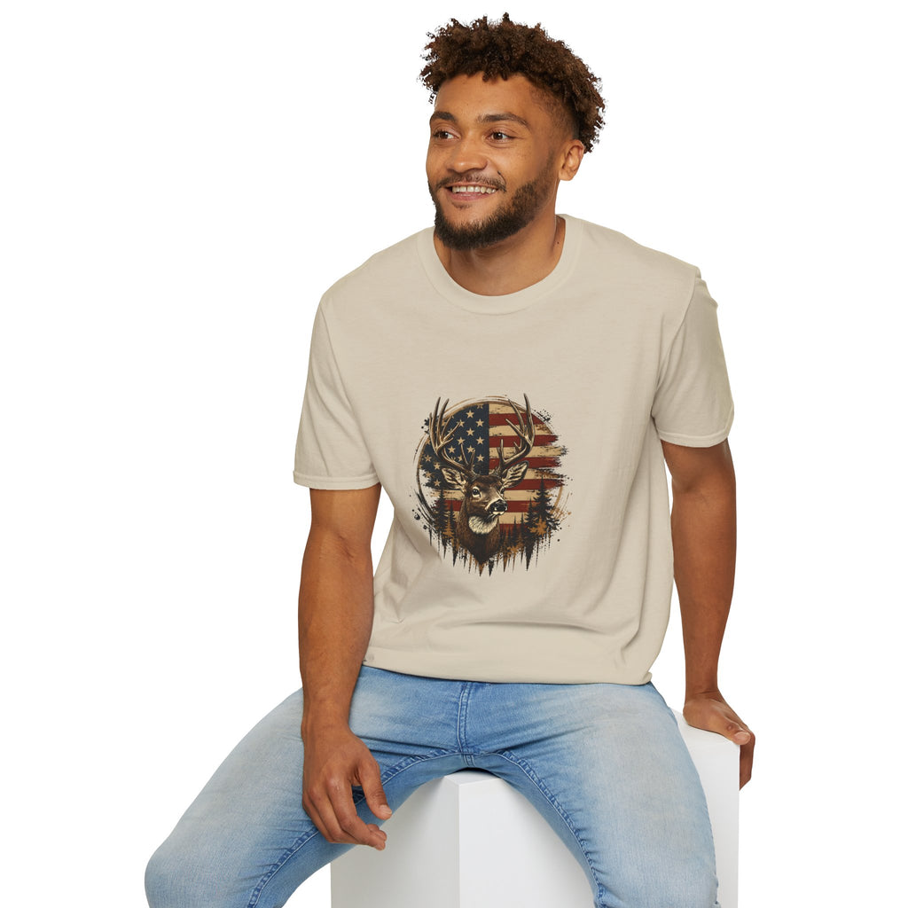 American Flag Deer T-Shirt — Patriotic Buck Gift for Hunters Men's Graphic Tee