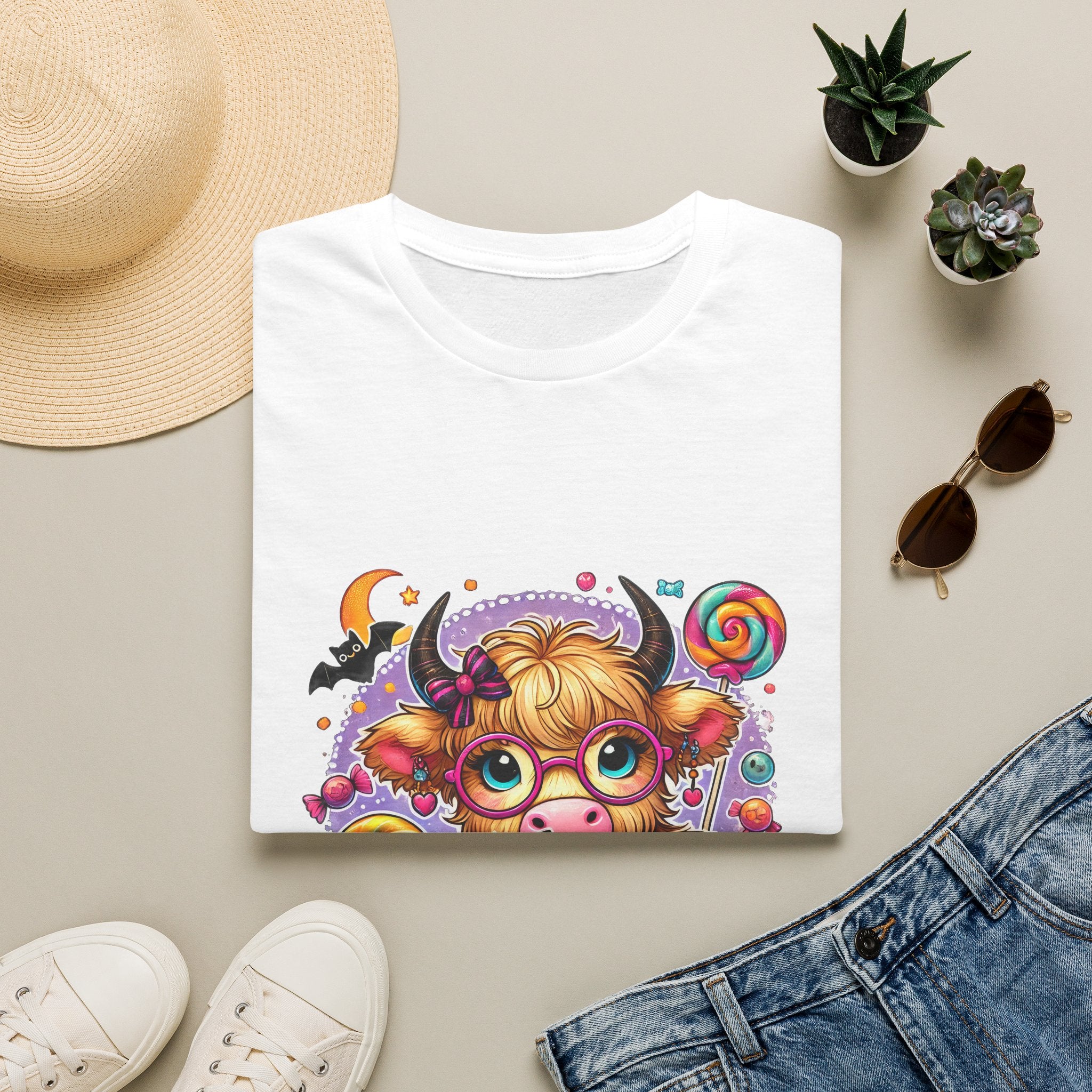 Cute Halloween Cow T-Shirt — Funny Gift for Her Candy Pumpkins & Kitty Costume Tee