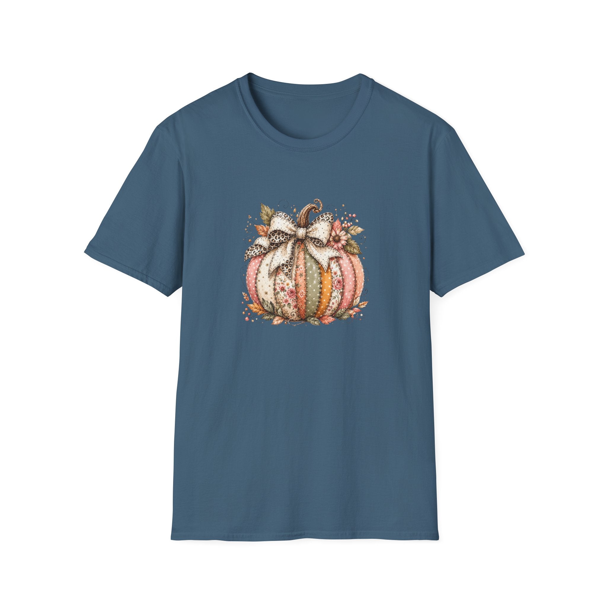 Autumn Floral Pumpkin Leopard Bow T-Shirt — Cute Fall Gift for Women Graphic Tee