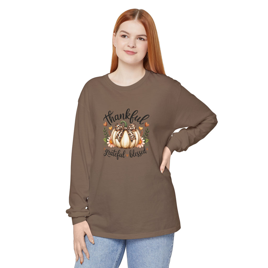 Thankful Grateful Blessed Pumpkin Long Sleeve — Cute Fall Thanksgiving Gift for Women