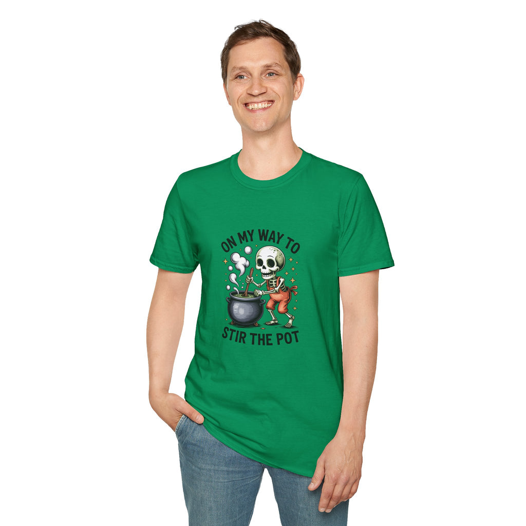 On My Way to Stir the Pot Skeleton T-Shirt — Funny Halloween Gift for Women