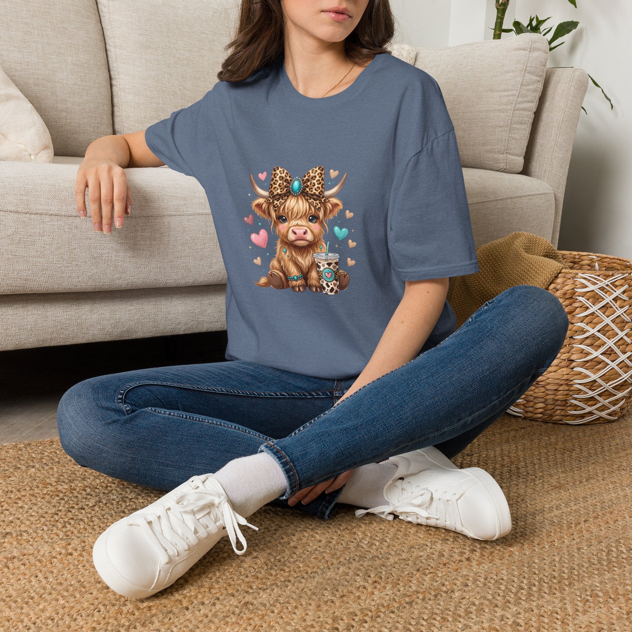 Highland Cow Leopard Bow T-Shirt — Cute Funny Gift for Her Hearts Graphic Tee