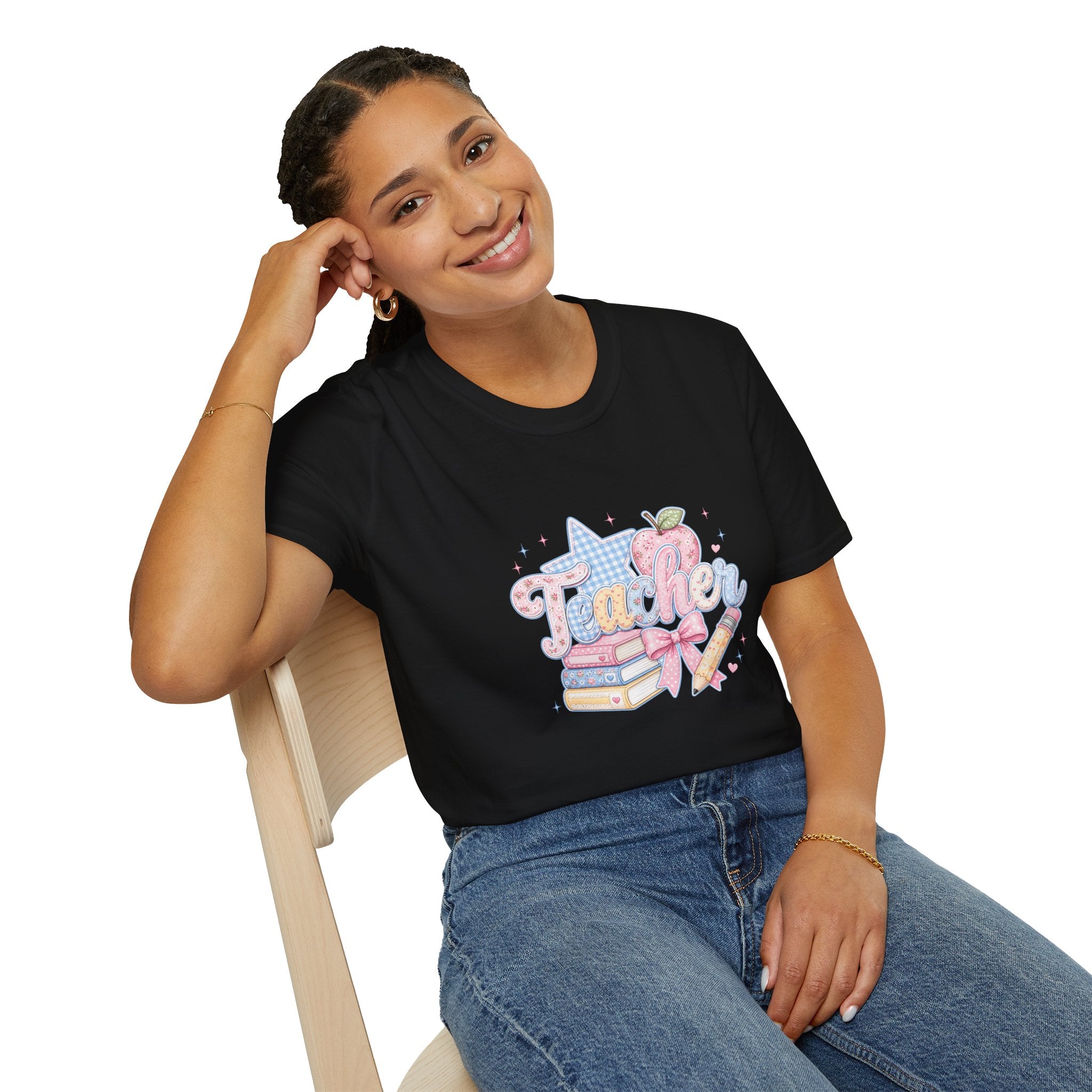 Cute Pastel Apple & Books Teacher T-Shirt — Funny Back-to-School Gift Graphic Tee