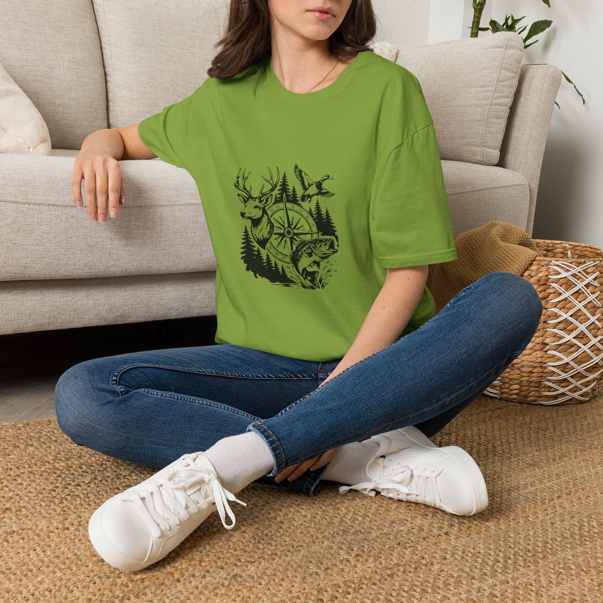 Outdoor Wildlife Compass T-Shirt — Deer Duck & Fish Nature Gift for Hunters